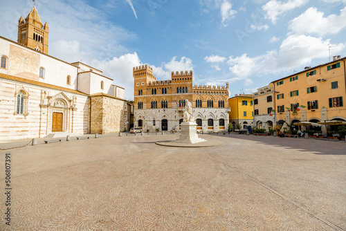 Morning view on Piazza Dante, central square in Grosseto town on sunny day. This city is the center of Maremma region at western central Italy photo