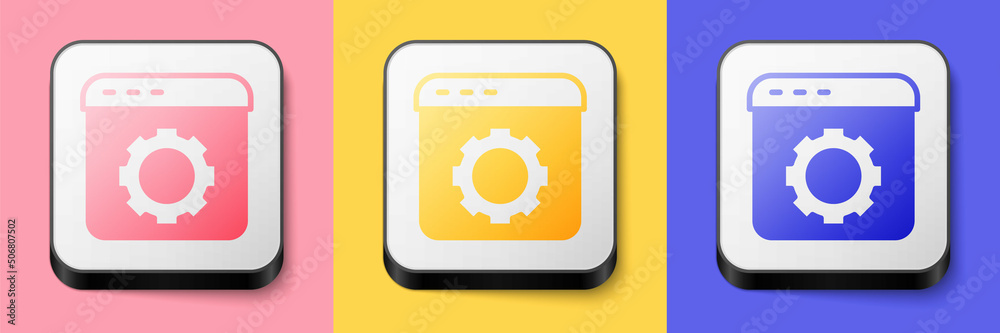 Isometric Browser setting icon isolated on pink, yellow and blue background. Adjusting, service, maintenance, repair, fixing. Square button. Vector Isometric Browser setting icon isolated on pink, yellow and blue background. Adjusting, service, maintenance, repair, fixing. Square button. Vector