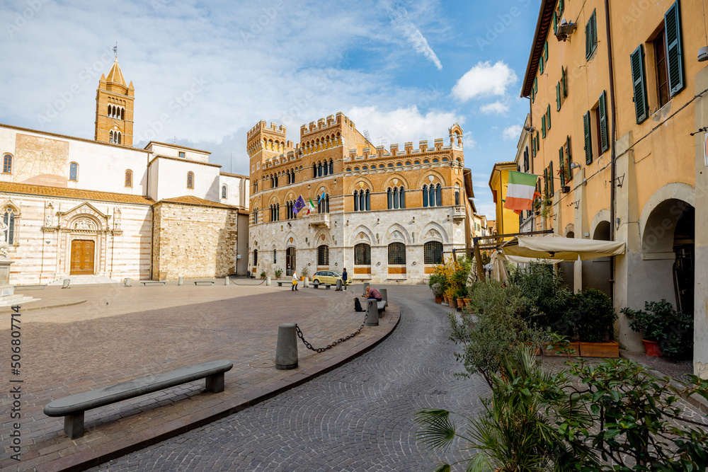 Morning view on Piazza Dante, central square in Grosseto town on sunny day. This city is the center of Maremma region at western central Italy
