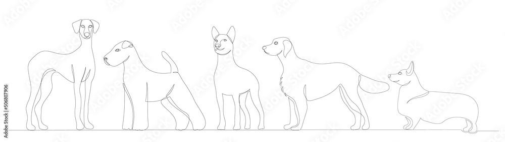 Obraz premium dogs drawing in one continuous line, isolated, vector