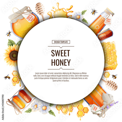 Round frame with honey products.Background, poster, banner, flyer with jar of honey, sunflower, honeycombs, bees.