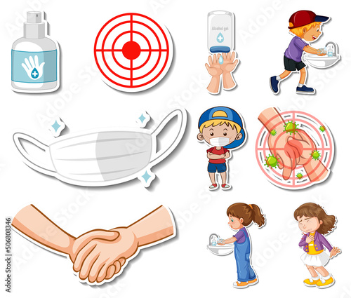Sticker set of covid19 icons and cartoon characters
