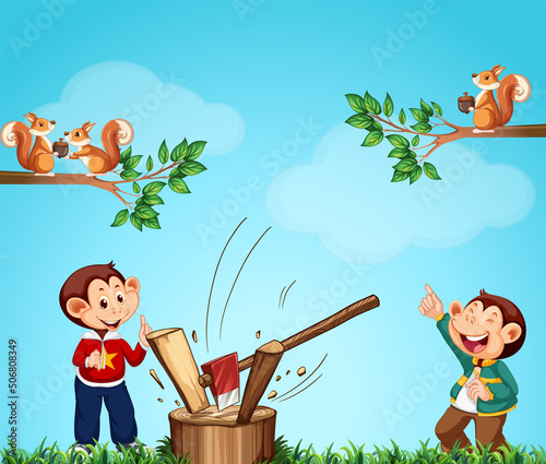 Monkey chopping wood in the park