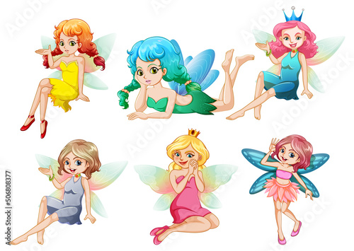 Set of different beautiful fairy girl cartoon character