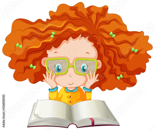 A girl reading a book on white background