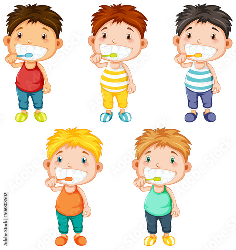 Set of boy brushing teeth