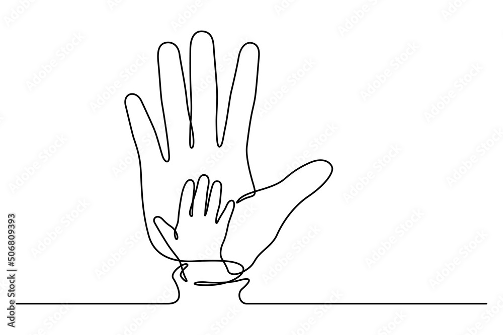 Palm of hands of baby and adult line art vector illustration. One line drawing and continuous style