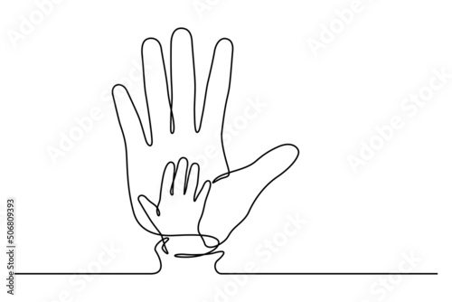 Palm of hands of baby and adult line art vector illustration. One line drawing and continuous style