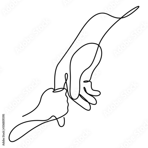 father and child hands continuous line illustration. One line drawing of adult and young palm hand holding with love vector.