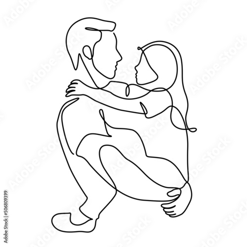 father carrying daughter line art vector illustration. One line drawing and continuous style