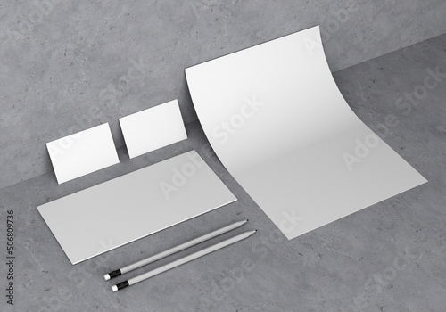 Base white stationery mockup template for branding identity on a gray concrete background for graphic designers presentations and portfolios. 3D rendering.