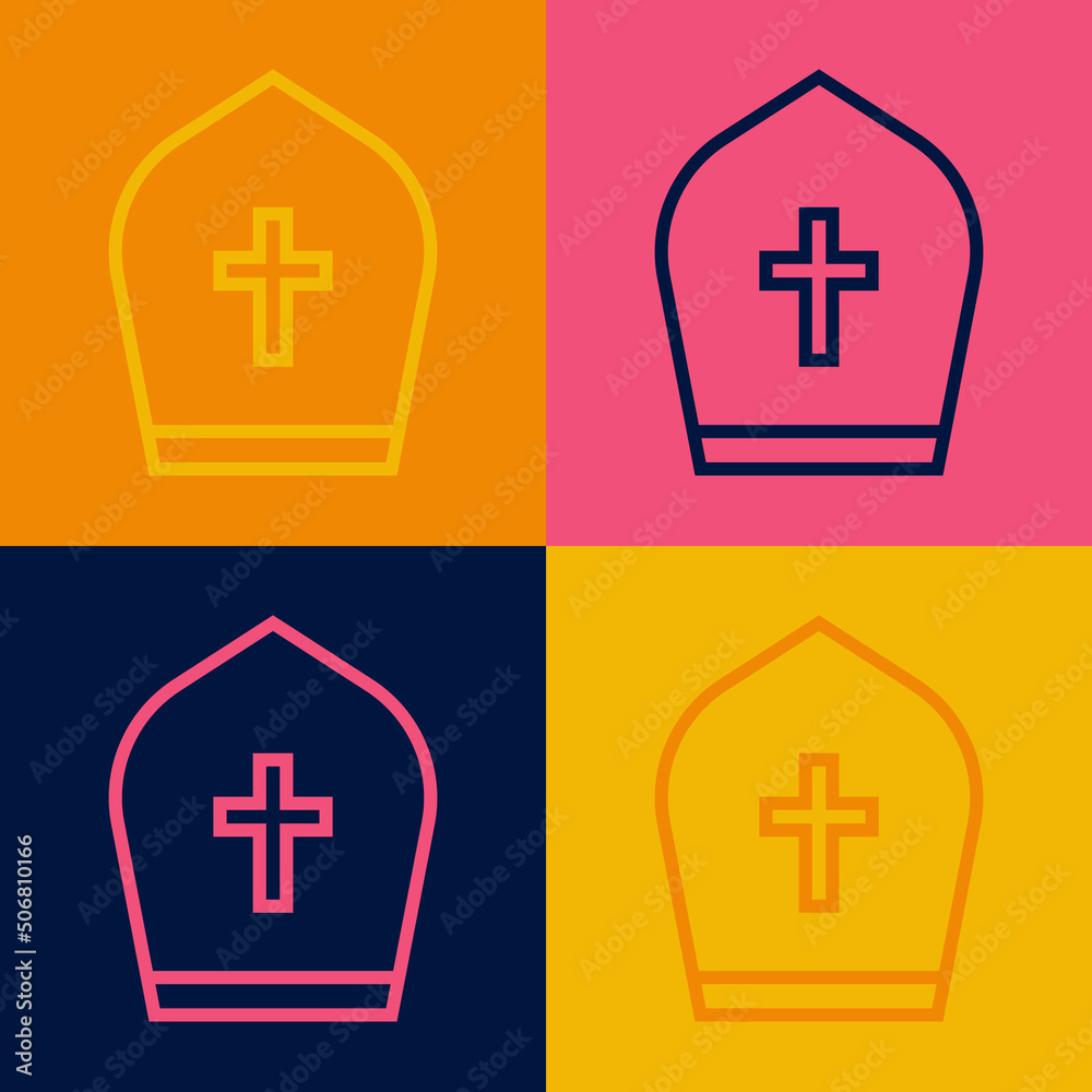 Obraz premium Pop art line Pope hat icon isolated on color background. Christian hat sign. Vector