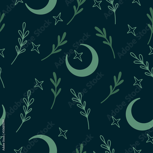 Magic moon stars and nature seamless patterns