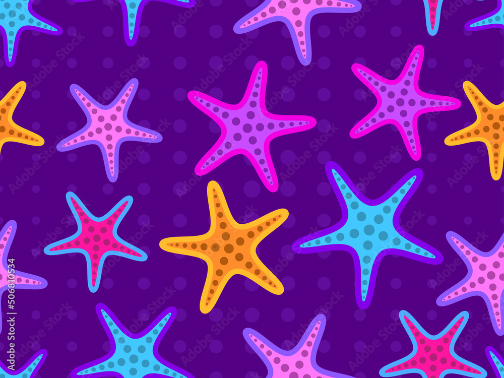 Colorful starfish seamless pattern violet background. Starfish silhouettes in cartoon style. For promotional products, wrapping paper and printing. Vector illustration