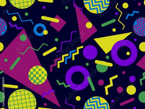 Memphis seamless pattern with geometric shapes in 80s style. Colorful geometric pattern. Design of promotional products  wrapping paper and printing. Vector illustration