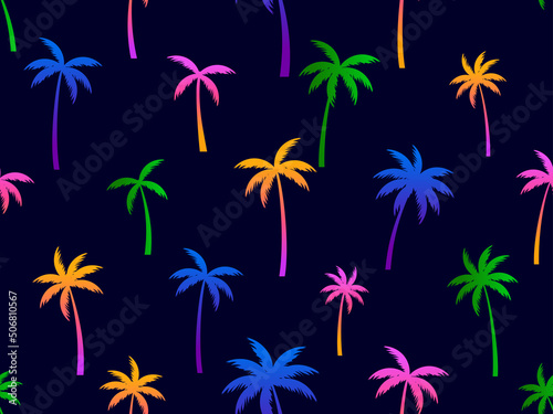 Colorful palm trees seamless pattern. Summer time, wallpaper with tropical pattern. Design for printing t-shirts, banners and promotional items. Vector illustration