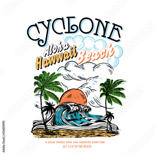 Aloha Hawaii beach cyclone is vector tee shirt summer artwork, tropical sunset. surf and beach. vintage beach print. tee graphic design