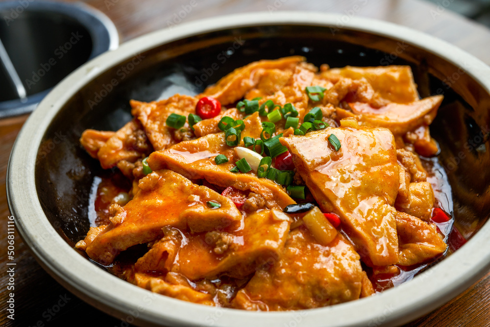 A classic and delicious Chinese dish, braised farm tofu in sauce