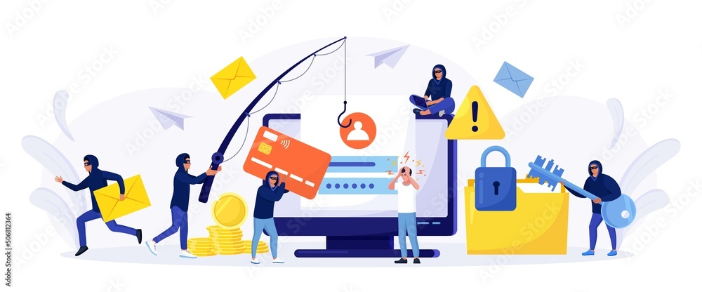 Cyber criminals phishing stealing private personal data, credentials, password, bank document and credit card. Tiny anonymous hackers attacking computer, hacking email. Cyber crime, hacker attack Cyber criminals phishing stealing private personal data, credentials, password, bank document and credit card. Tiny anonymous hackers attacking computer, hacking email. Cyber crime, hacker attack