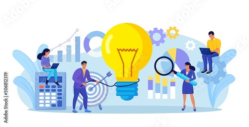 Businessman catches light bulb with lasso. Tiny people develop creative business idea, innovation project. Team analyzes brainstorming method. Businessmen solve problems, find solutions with teamwork. photo