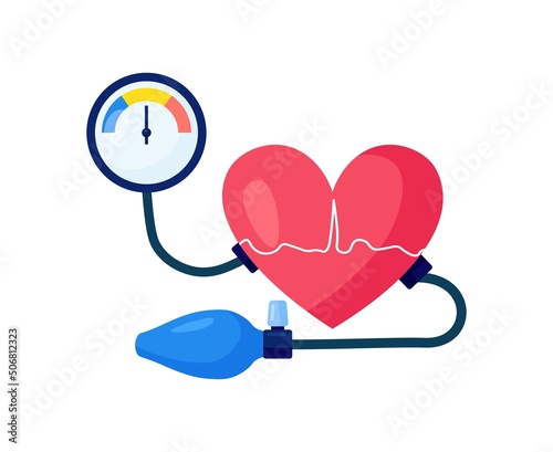 Hypertension, high blood pressure treatment. Big human heart with sphygmomanometer. Medical examination and cardiology checkup. Vector design