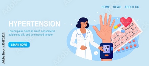 High blood pressure. Medical examination and cardiology checkup. Doctor measuring patient blood pressure using sphygmomanometer. Hypotension and hypertension disease treatment, prevention. Vector