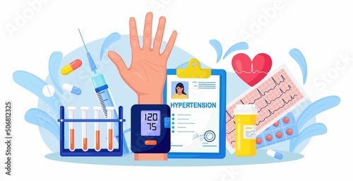 Medical examination and cardiology checkup. Tonometer, sphygmomanometer. Hypotension and hypertension disease. Measuring high blood pressure, test tubes, medicines, syringe and patient medical card