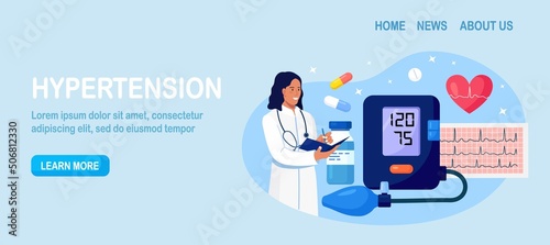 Hypertension, hypotension disease. Doctor writing results of cardiology checkup. Big sphygmomanometer with cardiogram, medications, syringe, heart. Cardiologist measuring patients high blood pressure.
