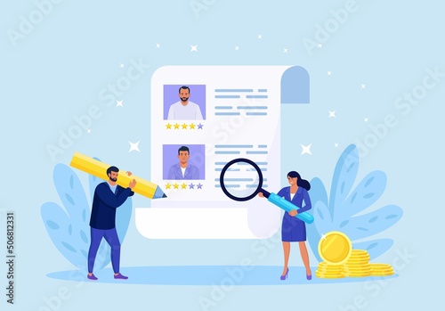 People Choosing New Employee for Job. Hr Managers Searching Candidate. Recruitment, Hiring Process. Businessman Selects Best Resume. Human Resource Management. Vector design