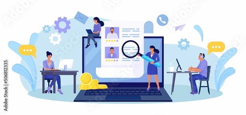 HR Managers Choosing Best Candidate for Job, Searching New Employee. Recruitment, Hiring Process. Online Job interview. Resume of Candidates on Laptop Screen. Vector design