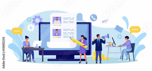 HR Managers Choosing Best Candidate for Job, Searching New Employee. Recruitment, Hiring Process. Online Job interview. Resume of Candidates on Computer Screen. Vector design