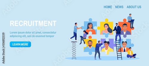 Find skilled and experienced career laborers from candidates crowd. Businessman looking for human talent as jigsaw puzzle pieces. Recruiting, job search, human resource, employment agency. Vector