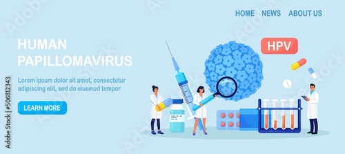 Human papillomavirus. Doctor diagnosis HPV virus. Cervical cancer early diagnostics and checkup. Scientist analyzing infected cells. HPV vaccination for reduce virus infection risk or oncology. Vector