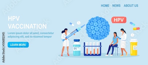 HPV vaccination for reduce virus infection risk or oncology. Human papillomavirus. HPV infection medication. Doctor vaccinate against cervical cancer. Scientist analyzing infected cells. Vector design