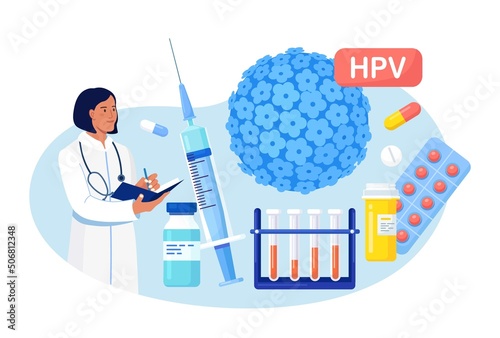 Human papillomavirus. Doctor diagnosis HPV virus. Cervical cancer early diagnostics and checkup. Scientist analyzing infected cells. HPV vaccination for reduce virus infection risk or oncology. Vector photo