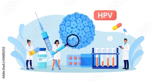 Human papillomavirus. Doctor diagnosis HPV virus. Cervical cancer early diagnostics and checkup. Scientist analyzing infected cells. HPV vaccination for reduce virus infection risk or oncology. Vector photo