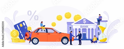 People purchase car with bank loan. Happy client buying new automobile on motor credit. Car leasing. Auto credit, car loan, auto finance, banking products.
