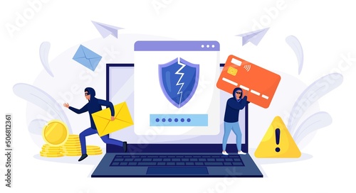 Cyber criminals hacking and stealing email and credit card data. Internet phishing attack. Hackers hacked into user bank account. Cybercrime. Hacker attack photo