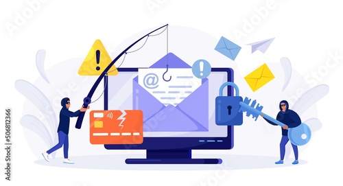 Cyber criminals phishing stealing private personal data, credentials, password, bank document and credit card. Tiny anonymous hackers attacking computer, hacking  email. Cyber crime, hacker attack. 