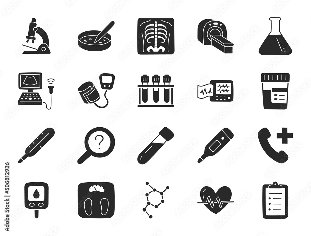 Fototapeta premium Medical checkup doodle illustration including flat icons - xray, ultrasound, checklist, blood test, petri dish, thermometer. Glyph silhouette art about health diagnostic equipment. Black Color