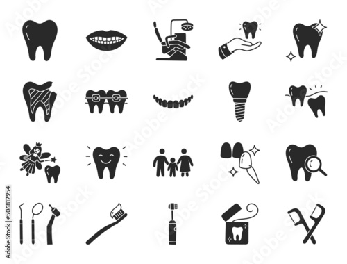 Dental clinic doodle illustration including flat icons - wisdom tooth, veneer, teeth whitening, braces, implant, toothbrush, caries, floss, mouth. Glyph silhouette art about stomatology. Black Color