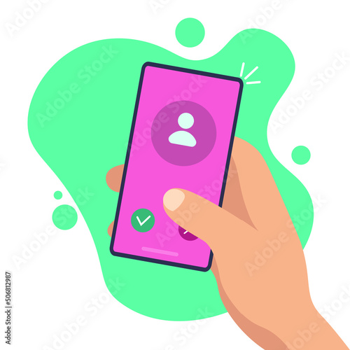 Call on mobile phone in hand, speech bubbles, screen alerts, flat cartoon, modern design, vector