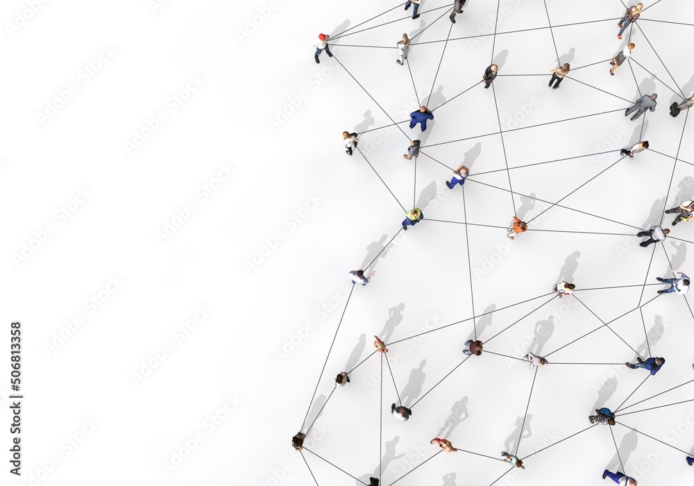 © ink drop - Large group of diverse people connected by lines. 3D Rendering