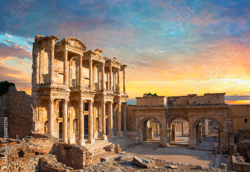 Celsus Library in Ephesus at sunset - Selcuk, Turkey  photo
