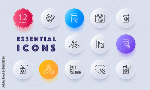Medicine seticon. Take pills, pharmacy, first aid kit, health, syrup, plate, test tube, injection, pill reminder. Health care concept. Neomorphism style. Vector line icon for Business and Advertising