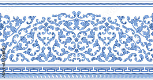 Vector seamless border print on a white background. Greek indigo blue meander frieze, Baroque blue flower scrolls. Scarf, shawl, rug carpet