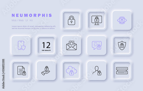 Protection set icon. Private information, password, antivirus, hacker, two factor protection, shield, lock, defense. Security concept. Neomorphism style. Vector line icon for Business and Advertising