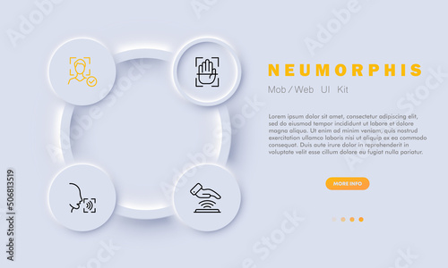 Biometric set icon. Recognition by palm, fingerprint, speech, authentication, protection. Identification concept. Neomorphism style. Vector line icon for Business and Advertising