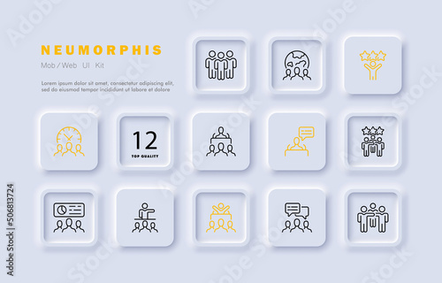 Society set icon. Community, company, teamwork, team building, office work, management, delegation, feedback, correspondence, communication skills. Neomorphism style. Vector line icon for Business