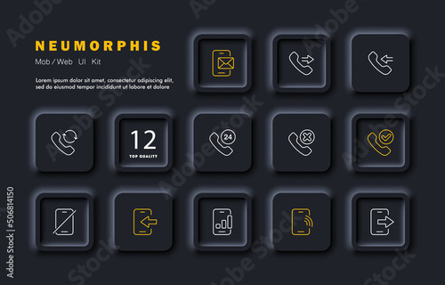 Phone Feature set icon. Correspondence, sms, incoming, outgoing, missed calls, handset, around the clock, without sound. Phone concept. Neomorphism style. Vector line icon for Business and Advertising
